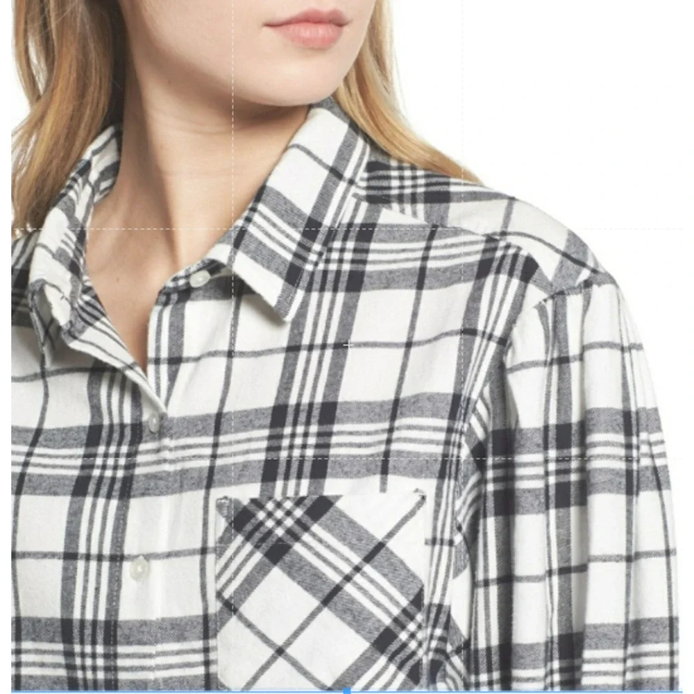 BP Shirt Women's Small Ivory Black Plaid Flannel Puff Sleeve Button Up Nordstrom - Picture 1 of 7